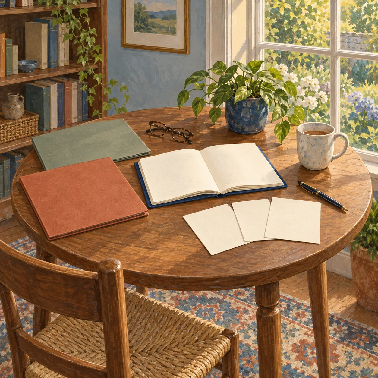 An open blank-looking notebook, pale cards and closed folders sit on a wooden table with a pen, glasses, mug and plant.