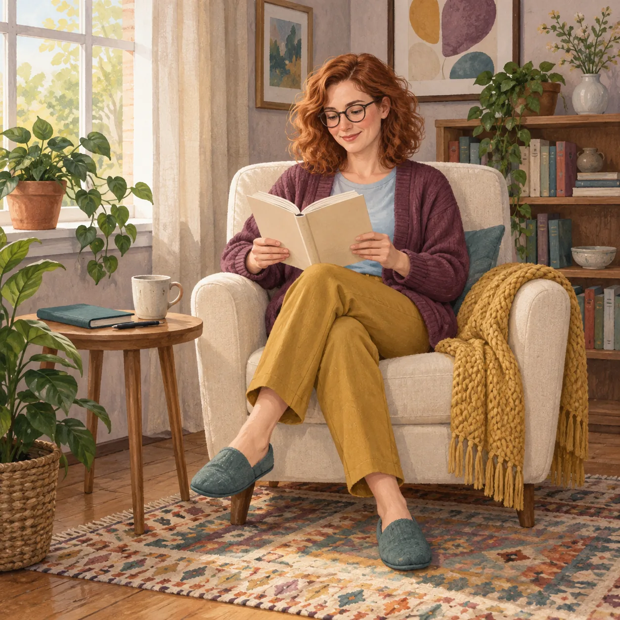 A woman with auburn curls and glasses holds an open cream-covered book in a cream armchair beside a small wooden table.