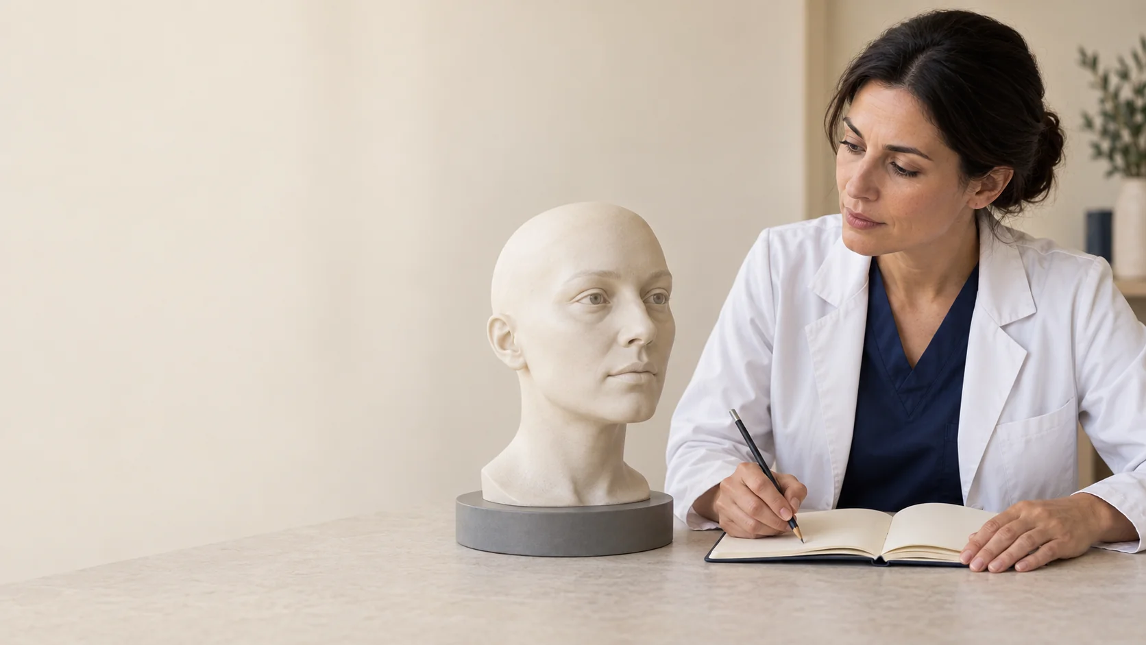 A fictional female clinician studies an intact artificial facial teaching bust and takes notes in a medical learning room.
