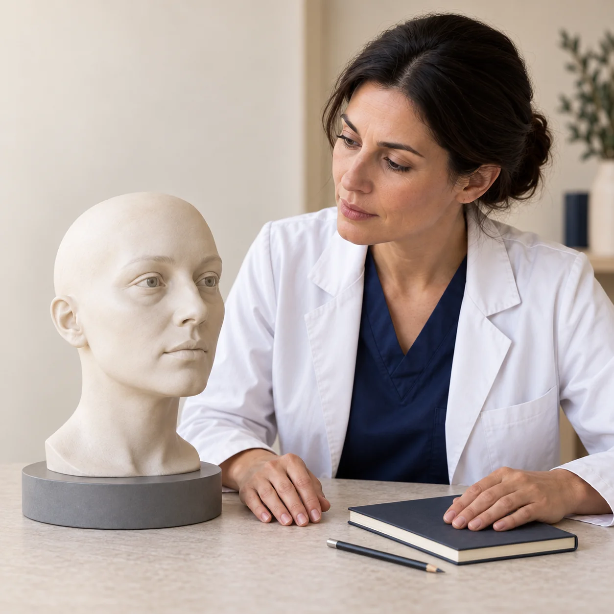 A fictional female clinician observes the lower eyelid and upper cheek of an intact artificial facial teaching bust beside a closed notebook.