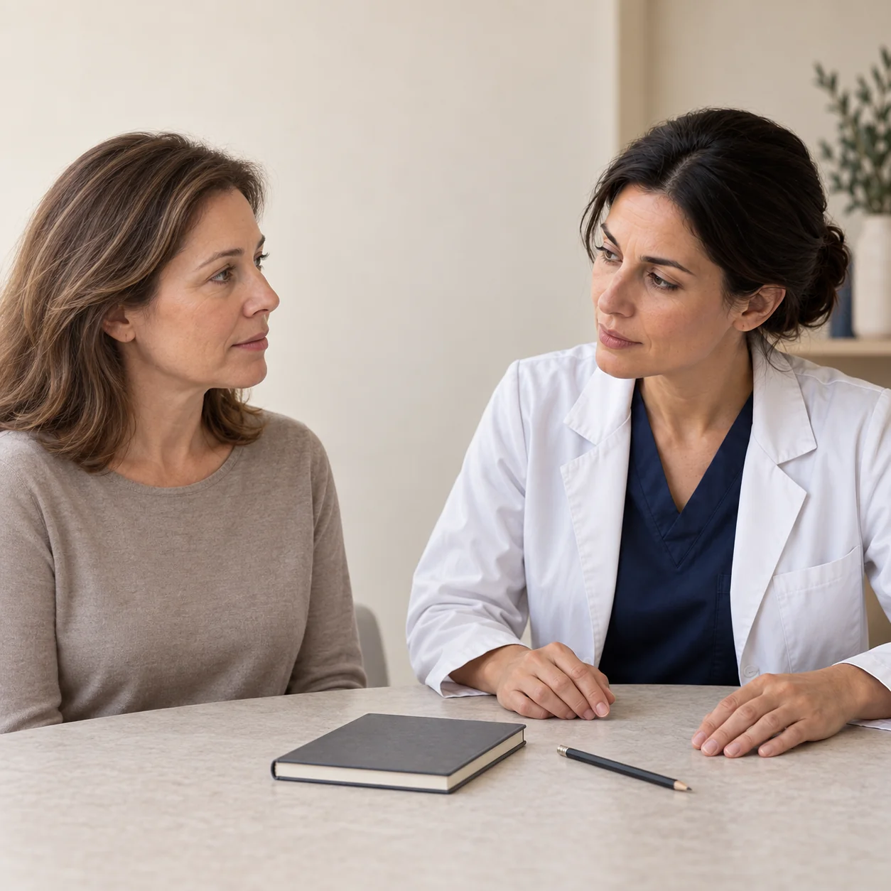 A fictional female clinician listens to a fully clothed adult woman during a calm planning conversation beside a closed notebook and pencil.