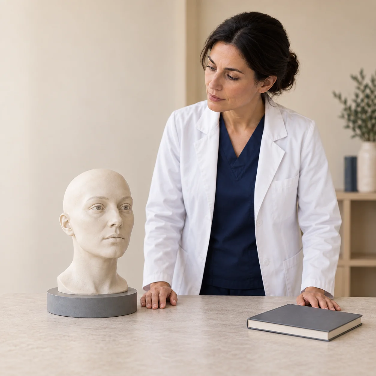 A fictional female clinician stands at a table and studies an intact artificial facial teaching bust beside a closed graphite study book.
