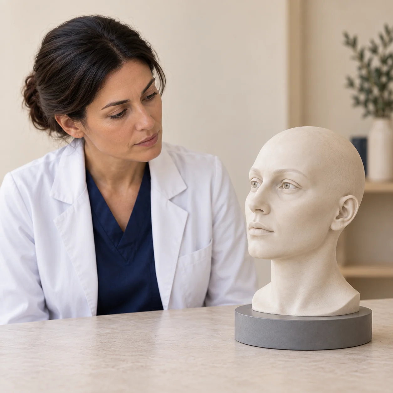 A fictional female clinician seated on the left studies the external lower-eyelid and upper-cheek contours of an intact artificial facial teaching bust on the right.