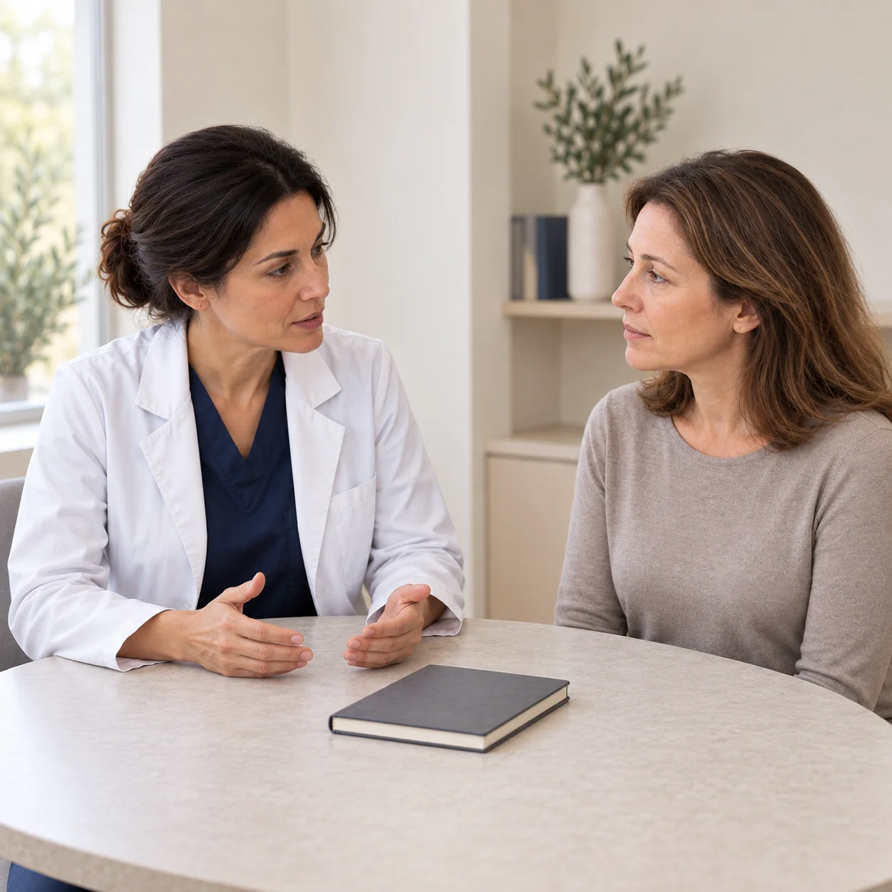 A fictional female clinician explains follow-up questions to a fully clothed adult woman during a calm conversation at a table with a closed notebook.
