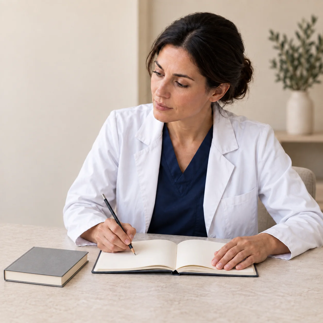 A fictional female clinician pauses to reflect while holding a pencil at an open blank notebook during independent professional study.