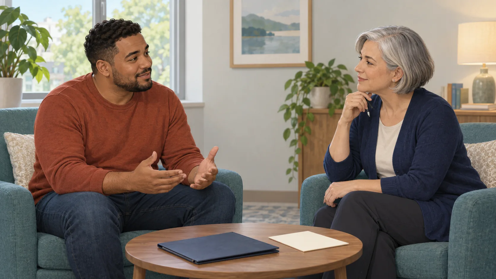 Desktop illustration: Two fictional adults seated in a bright room, with a closed folder and plain paper-like object on a round table. Mobile illustration: Fictional adult man at a wooden desk with glasses, a pen and an open notebook with blank visible pages.