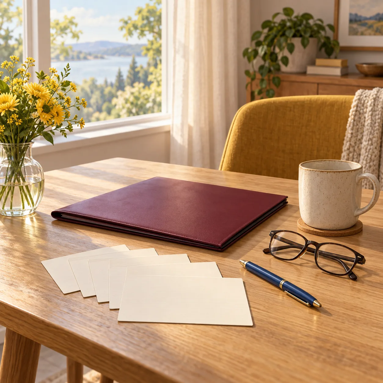 Blank cards, a closed burgundy folder, pen and glasses on a wooden table beside yellow flowers.