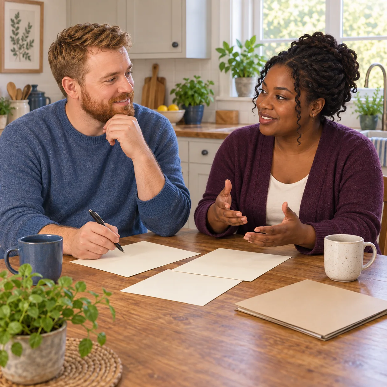 Two fictional adults discussing blank papers at a kitchen table with a closed folder and two mugs.