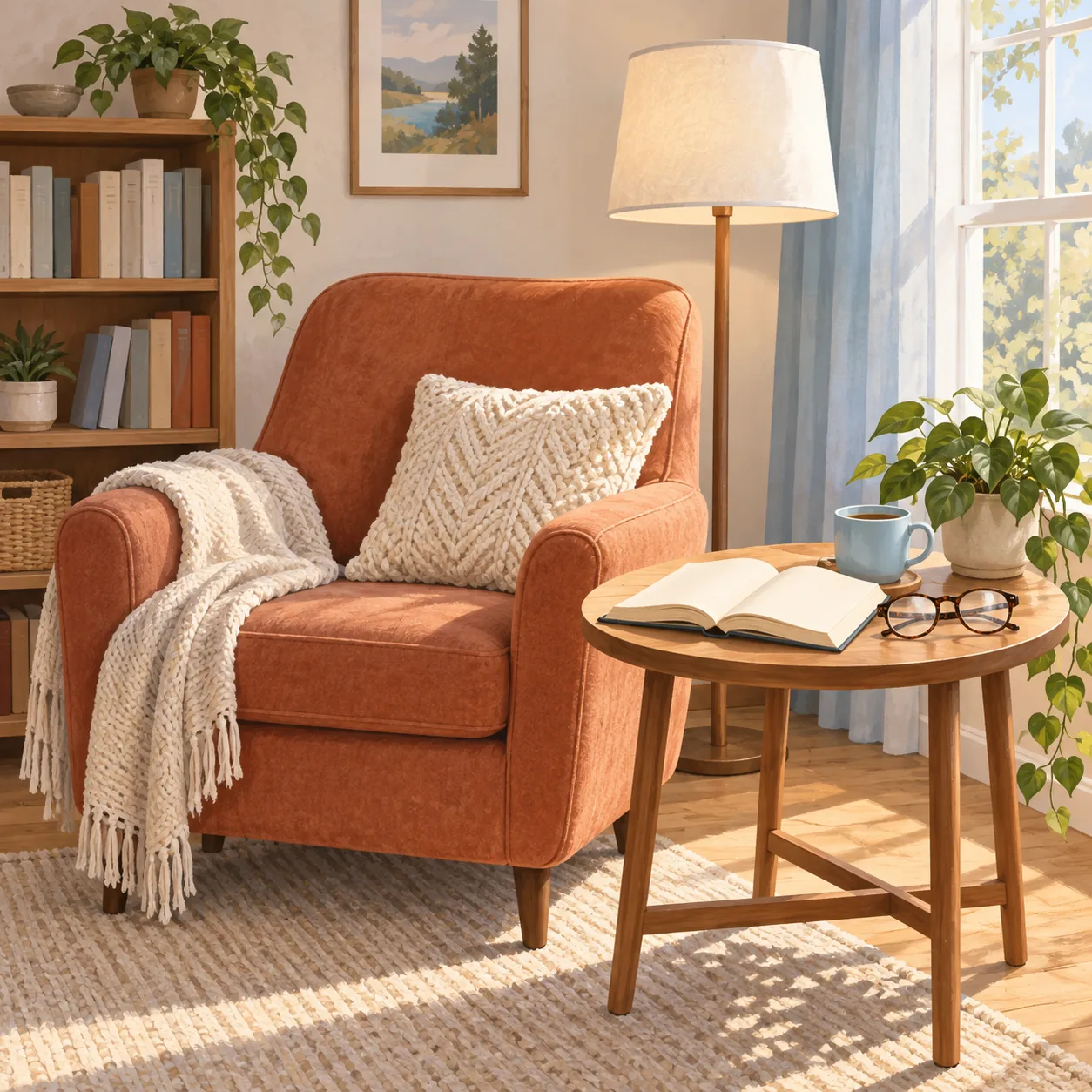 Quiet reading corner with a terracotta armchair, open blank book, glasses and pale-blue mug.