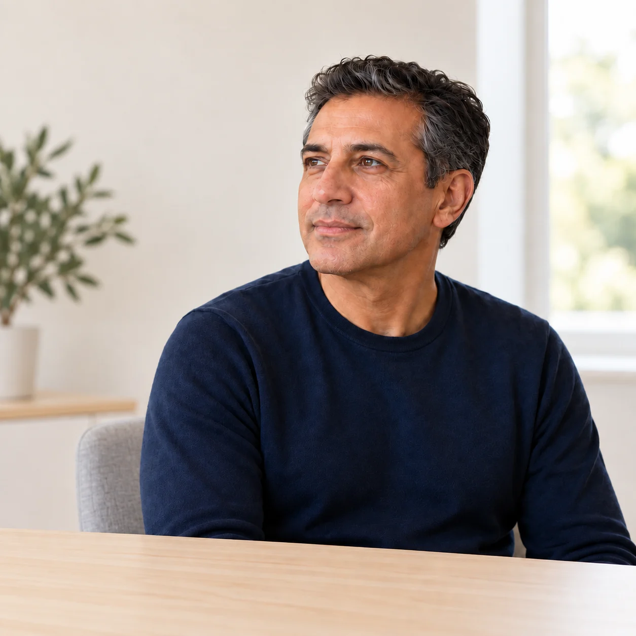Fictional atmospheric square portrait of an adult at a consultation table, with natural cheek, visible ear, jawline and upper neck.