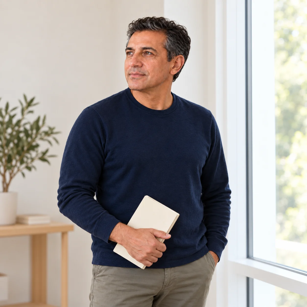 Fictional adult standing thoughtfully beside a sunlit window, with natural lower-face contour and visible jawline and upper neck.