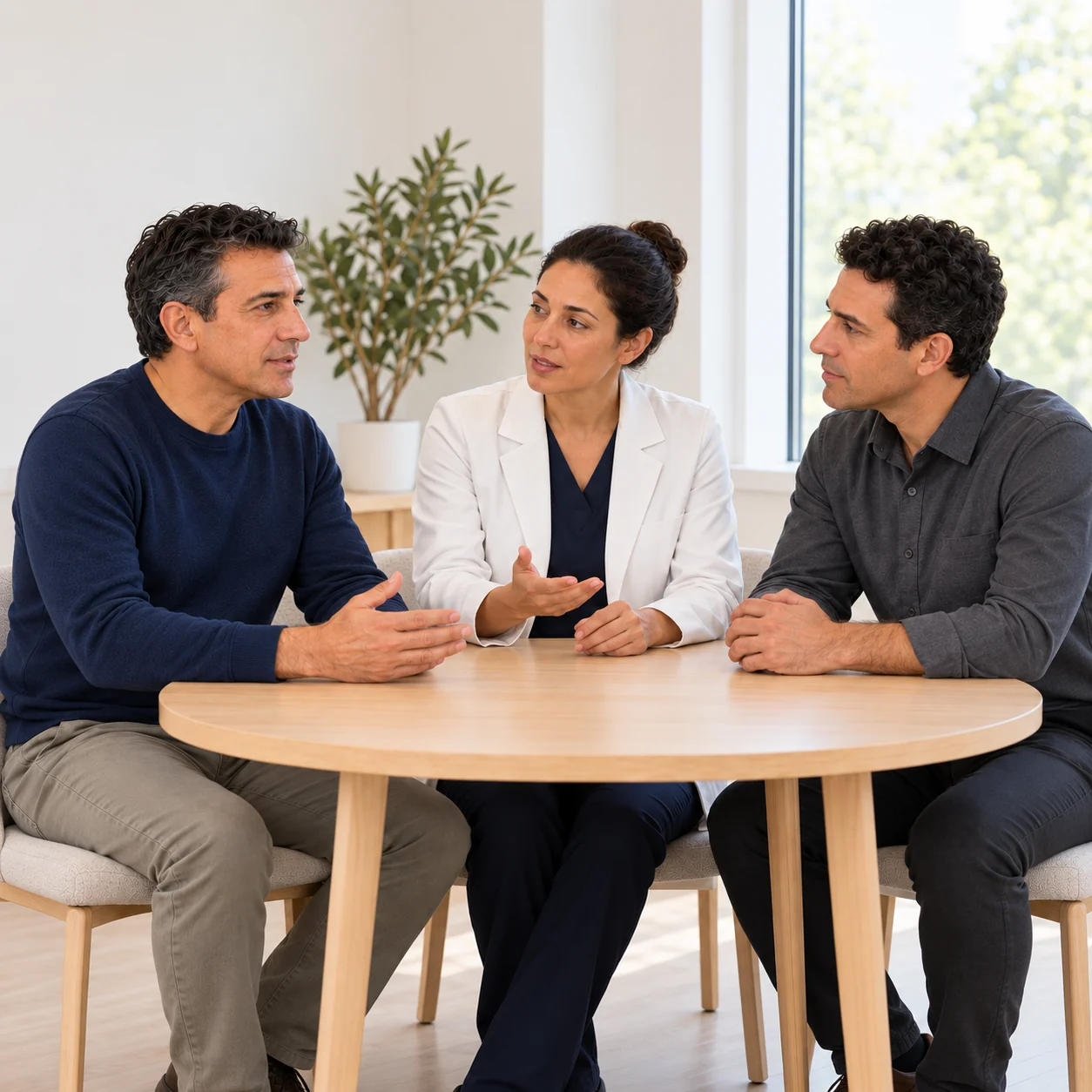 Fictional adult and two fictional care-team colleagues seated together in a calm, open conversation around an empty table.
