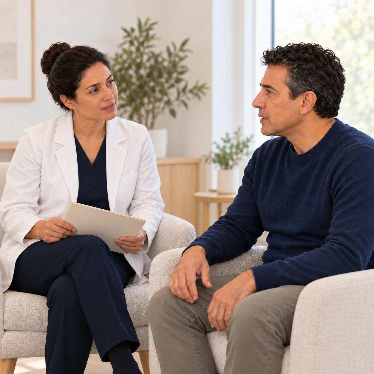 Two fictional adults in separate light armchairs having a calm discussion; the woman holds a closed blank paper folio.