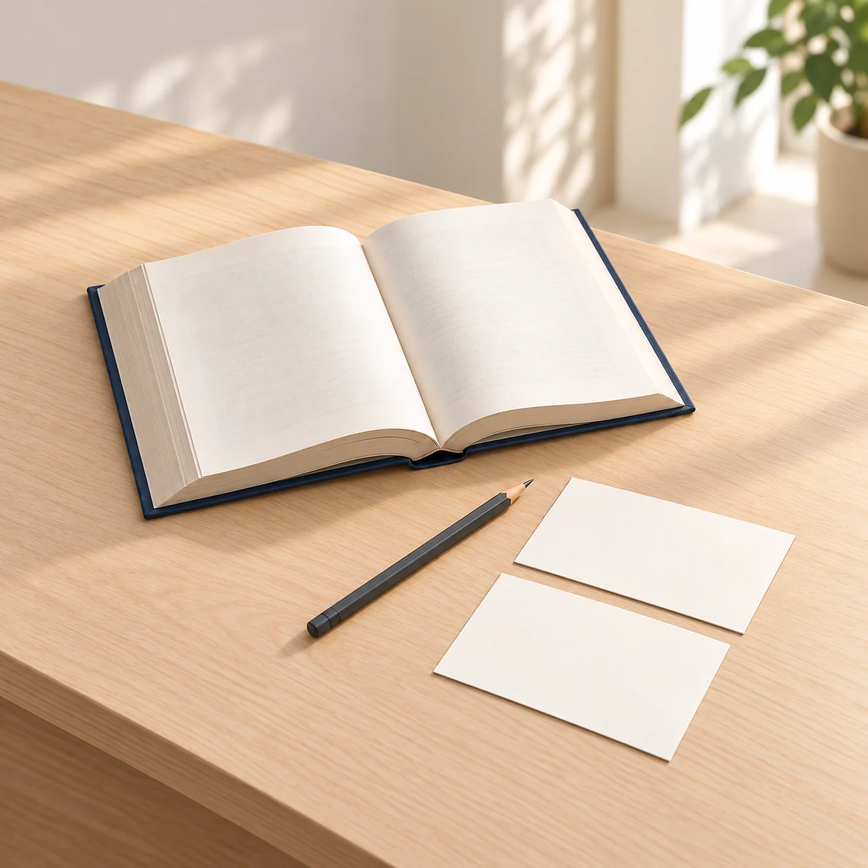 An open generic reference book, two blank ivory index cards and a graphite pencil on a pale-wood desk in soft daylight.