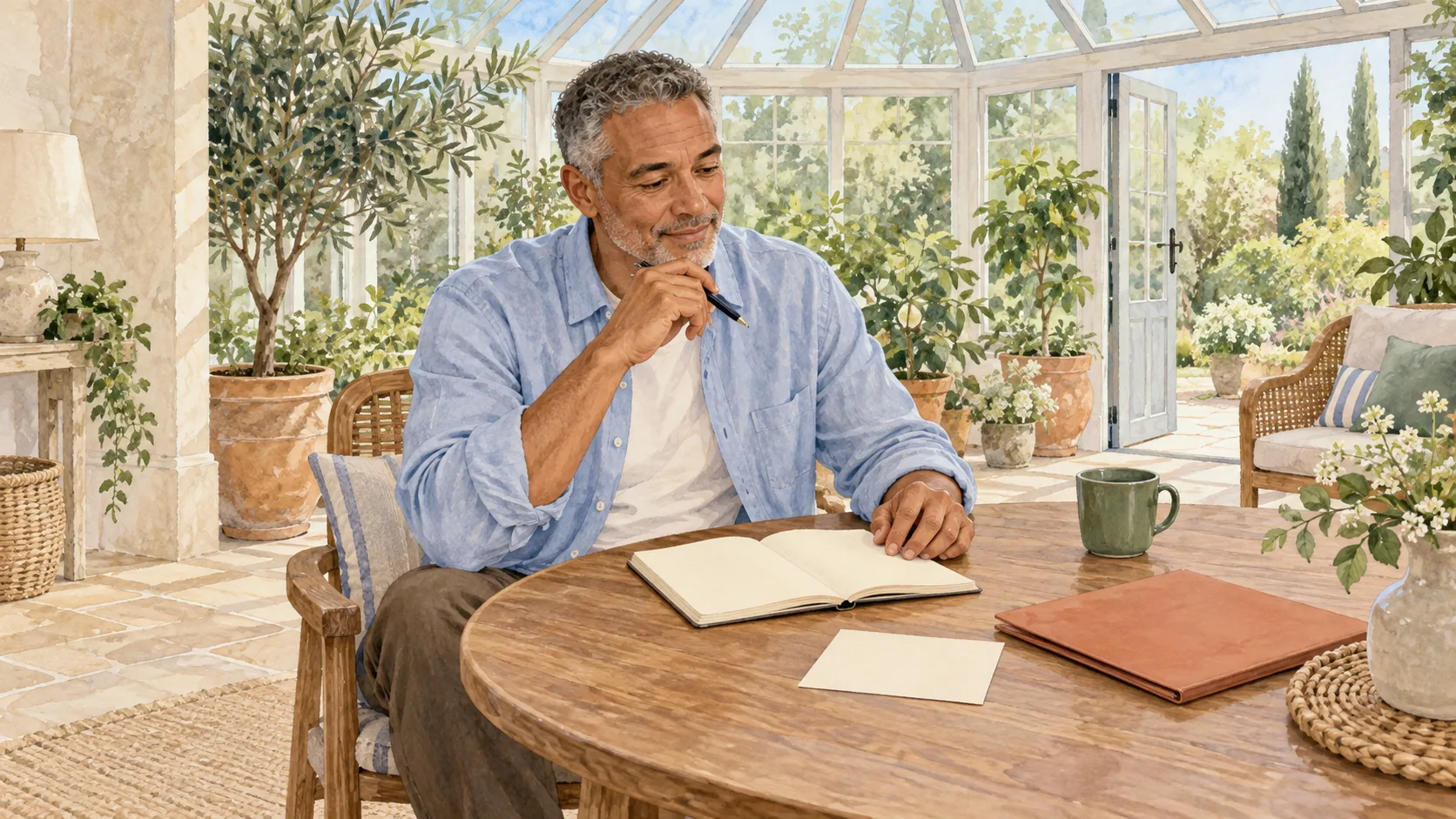 Desktop illustration: A man with grey-flecked hair sits at a wooden table with a blank notebook, a pen, a green mug and a closed terracotta folder in a bright conservatory. Mobile illustration: A fictional adult woman in an ochre blouse sits in a blue armchair with blank notebook-like pages beside a bright window and a table holding a teal closed object, card and mug.