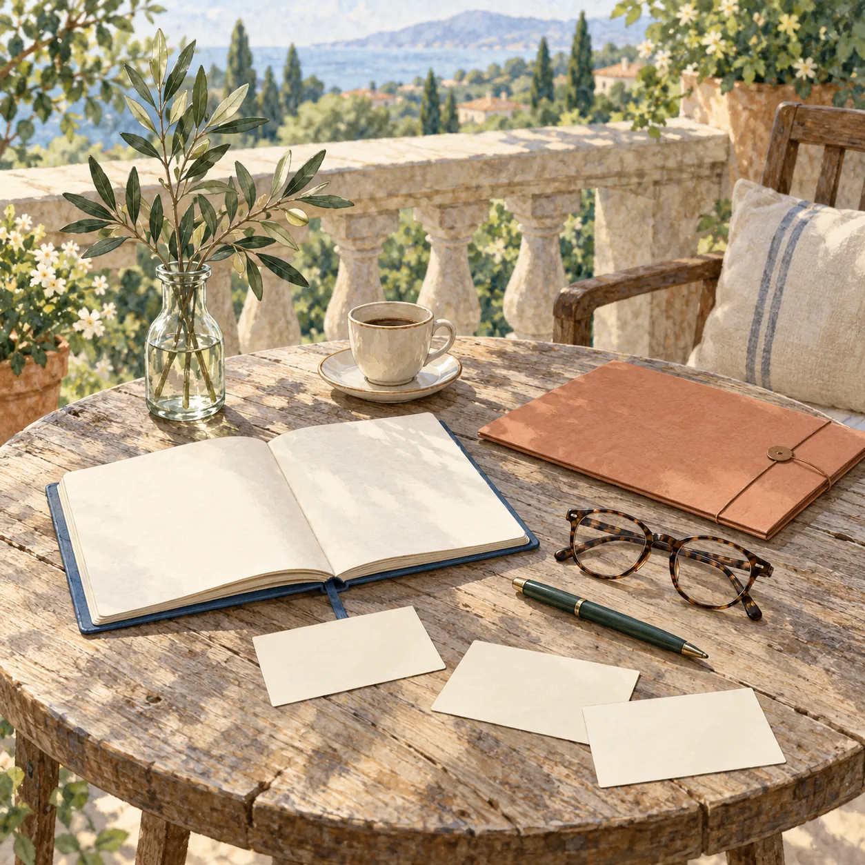 A blank-page blue notebook, three cream cards, green pen, patterned glasses, closed terracotta folder, cup and leafy glass vase sit on a weathered wooden terrace table.