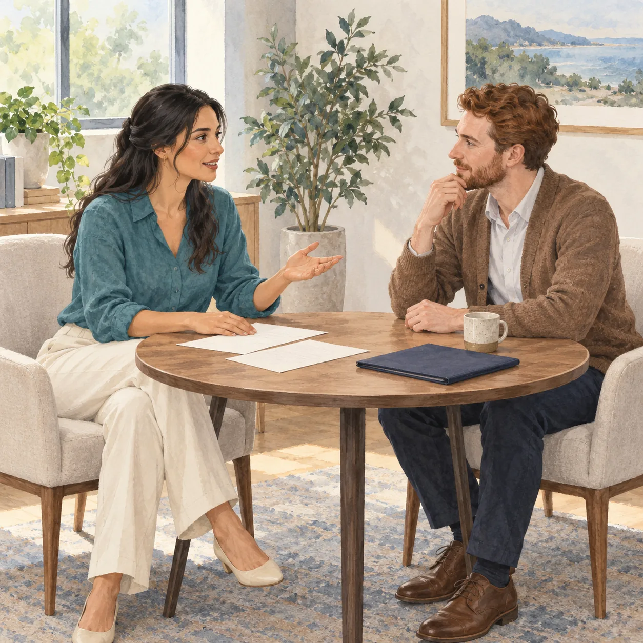 Two fictional adults sit at a round wooden table with cream sheets, a closed navy object and a speckled mug in a bright room.