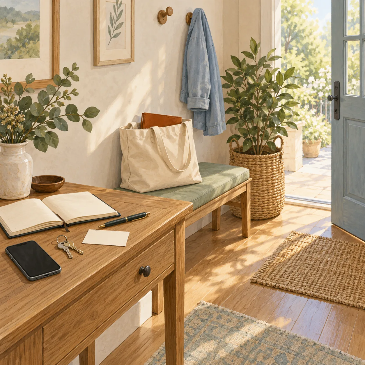 A canvas bag sits on a cushioned bench beside a wooden console with a notebook-like object, pen, card, keys and dark-screen phone near an open blue door.