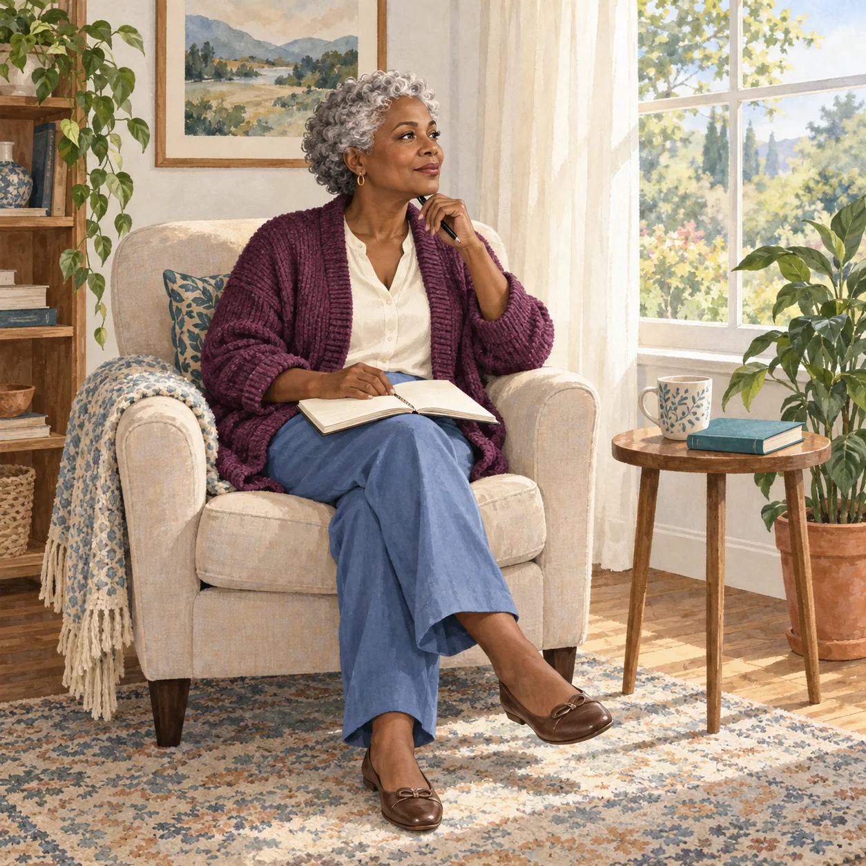 A fictional woman with silver-grey curls sits in a cream armchair with a notebook-like object and pen beside a patterned mug, closed teal book and bright window.
