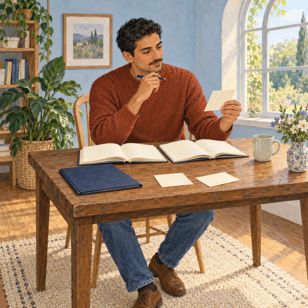 A fictional man in a rust sweater holds a cream card and pen at a wooden table with two open book-like objects, a navy closed object, cards, mug and flowers.