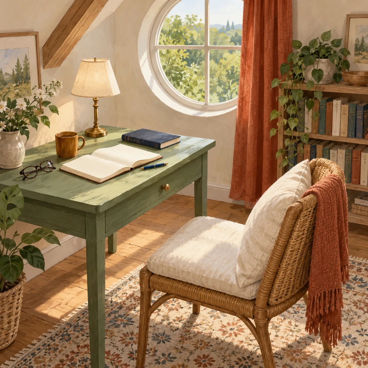 A sage-green desk holds open cream pages, a pen, patterned glasses, a navy book-like object and amber mug beside a lamp and cushioned rattan chair.