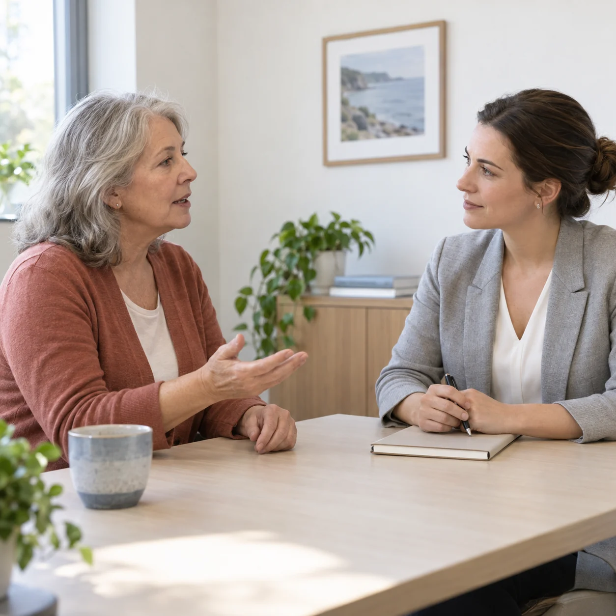 A fictional older adult describes a breathing concern while another adult listens and takes notes.