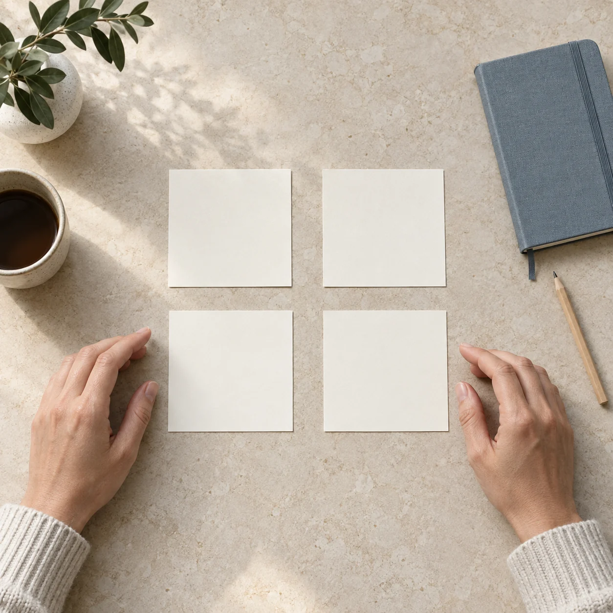 Two hands hover near four equal blank cards on a table.