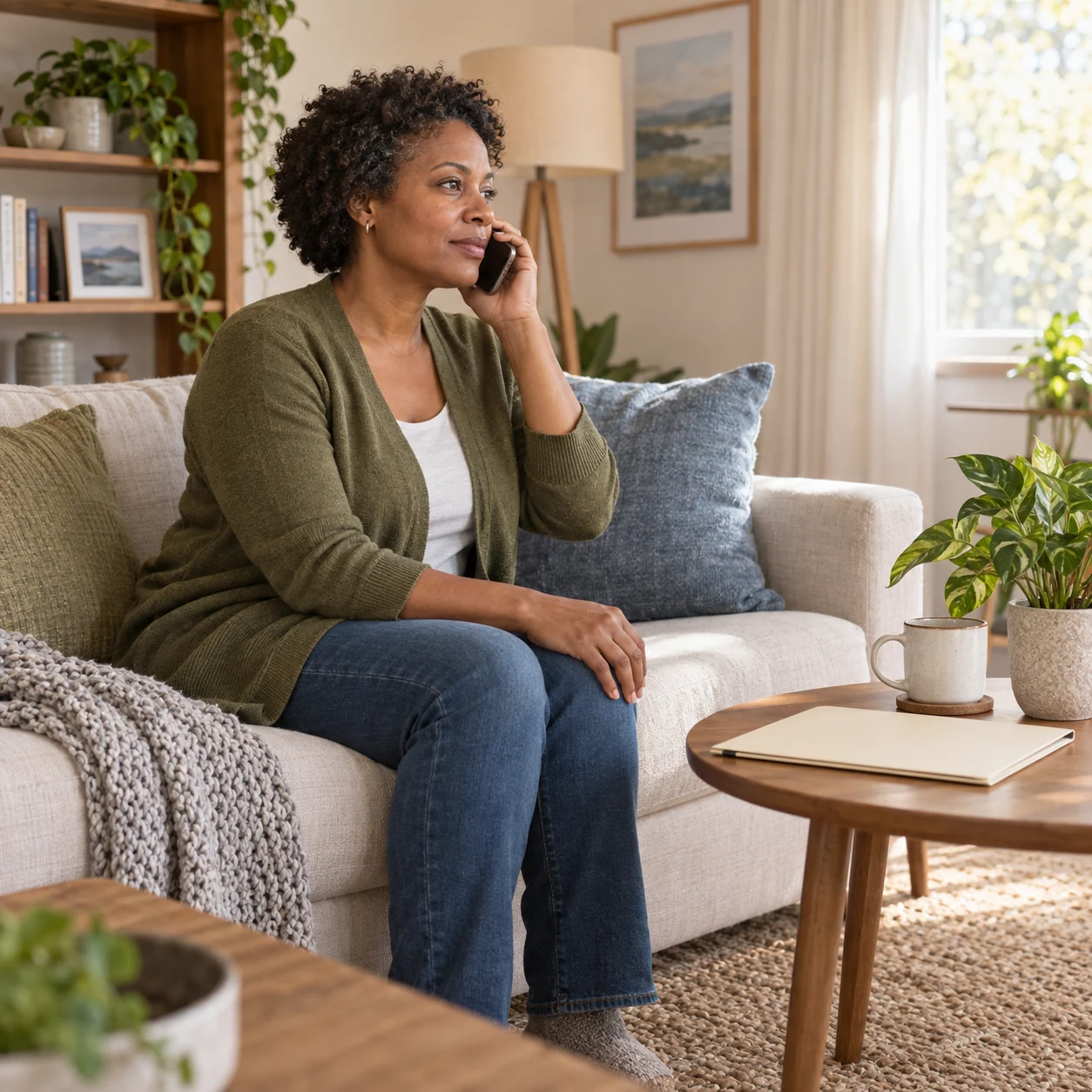 A fictional adult woman sits at home speaking on the phone, with a closed notebook on a table.