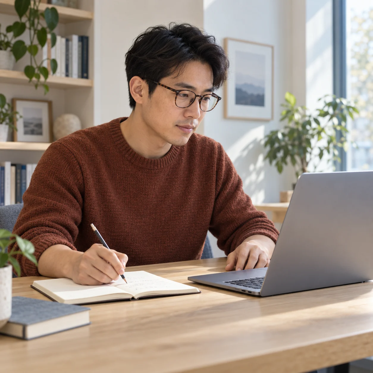 A fictional adult studies independently at a desk with a laptop and personal notebook.