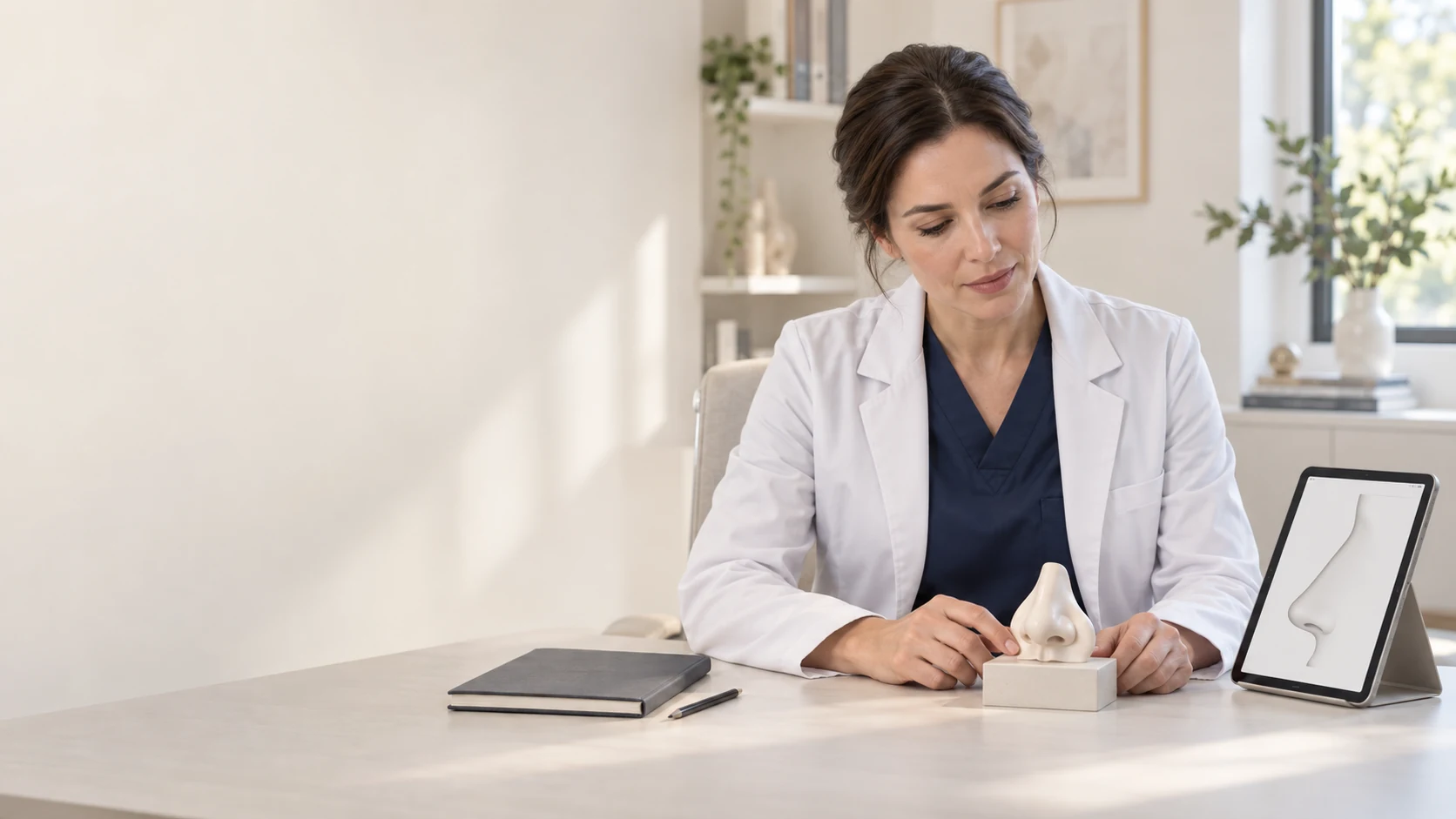 A fictional surgeon considers an external nose model and planning notes in a bright consultation room.