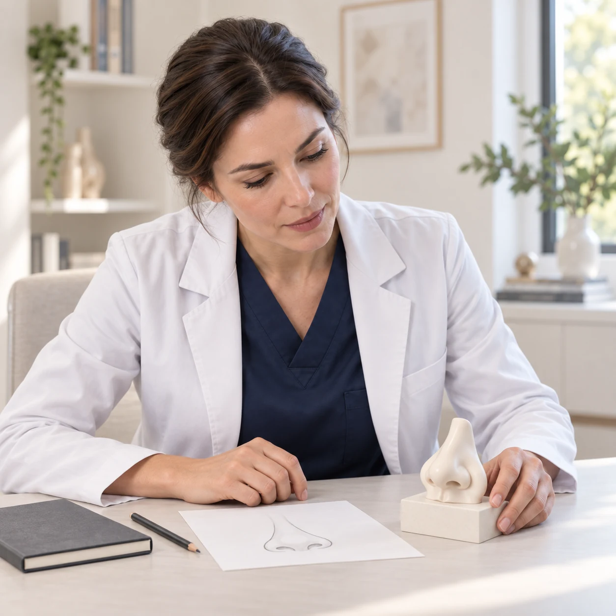 A fictional surgeon uses an external nose model and notes to consider nasal tip assessment.