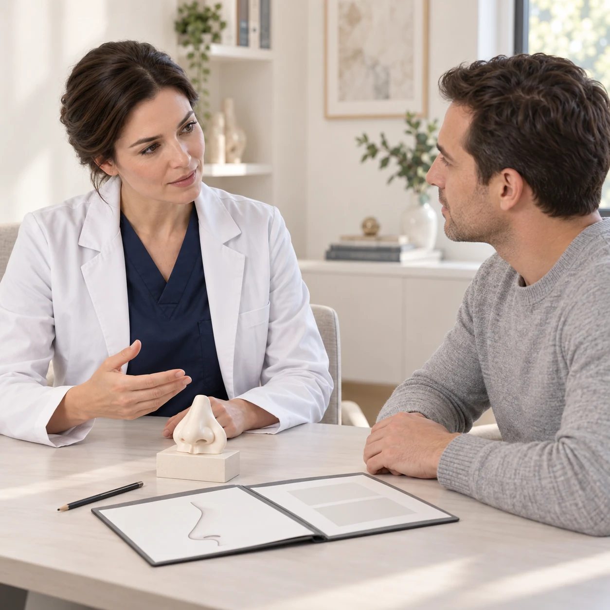 A fictional surgeon and adult patient discuss individual goals and a nasal tip planning outline.