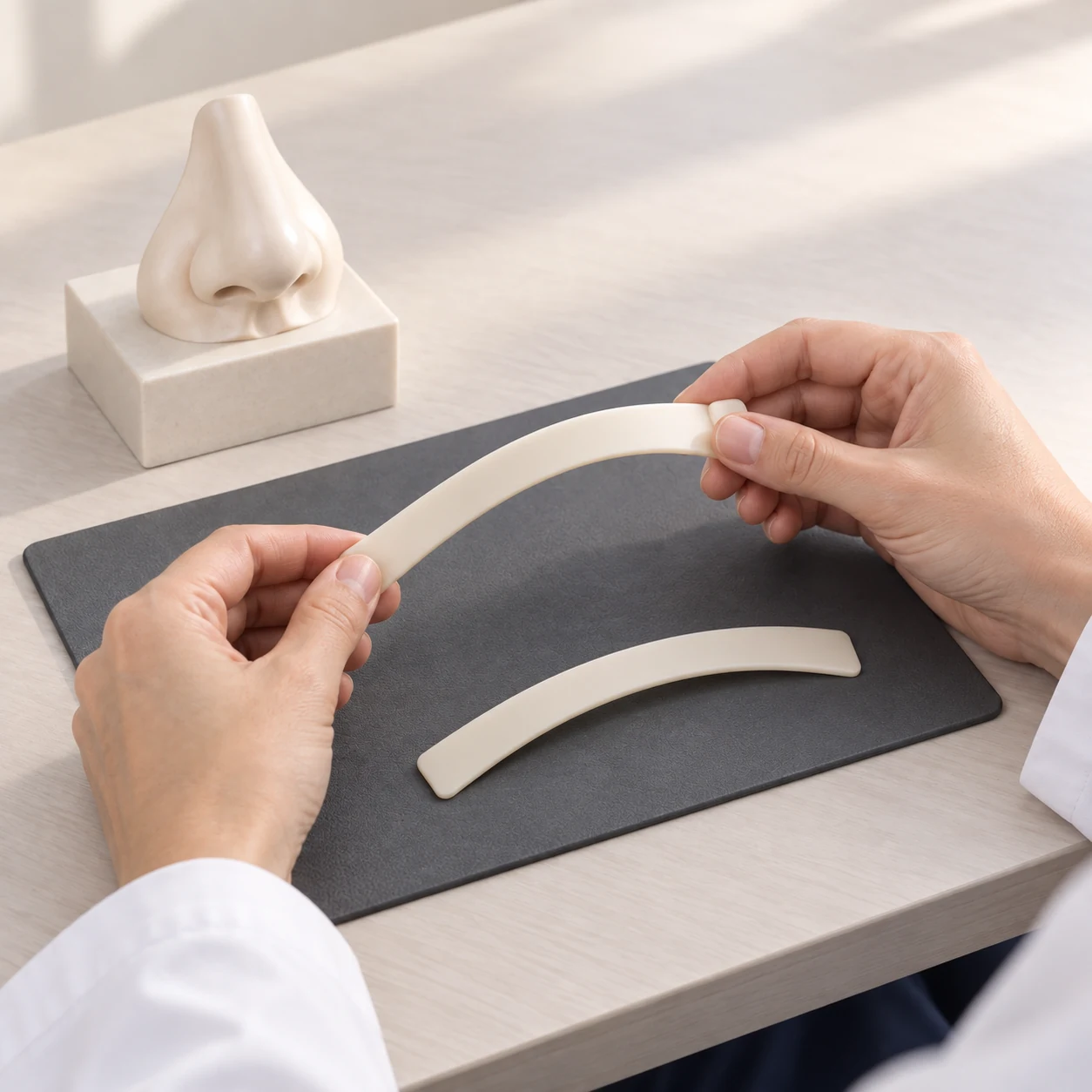 A fictional surgeon compares inert silicone demonstration bands during an illustrative support-planning exercise.