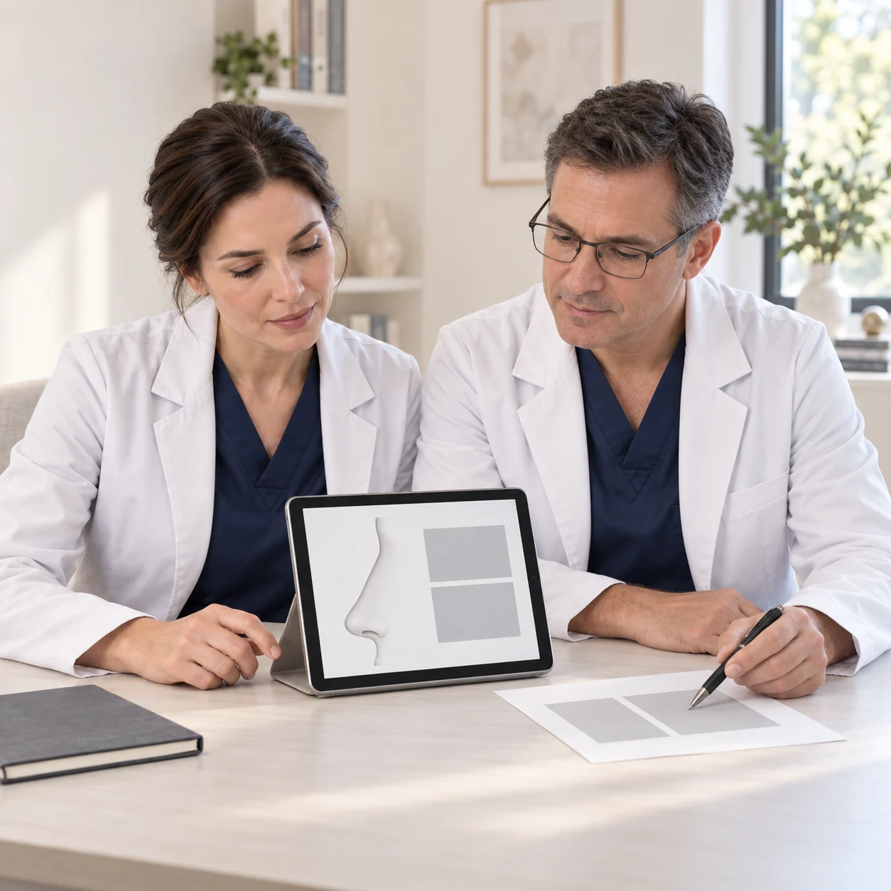 Two fictional clinicians review illustrative follow-up information on a tablet.