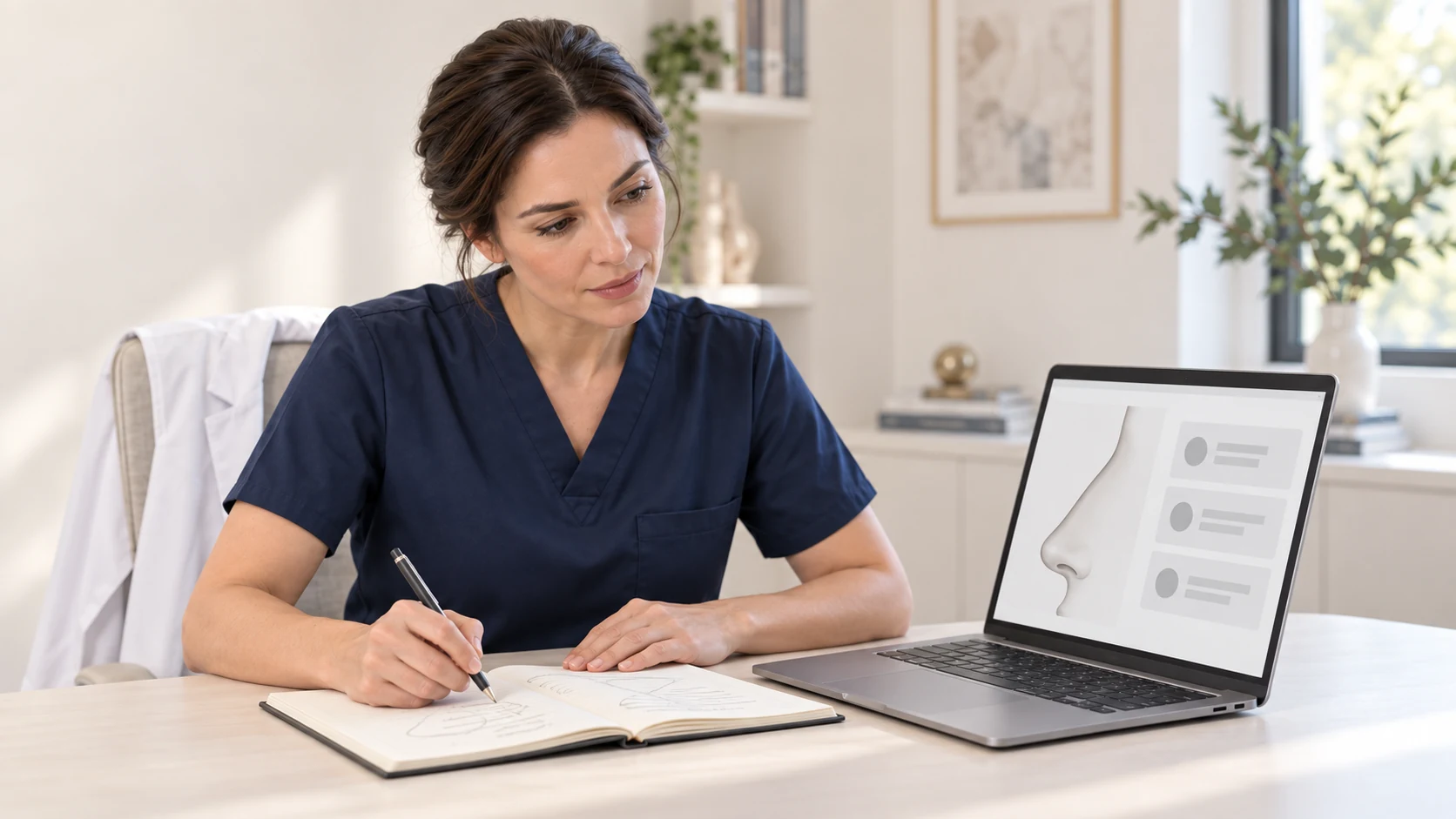 A fictional surgeon takes notes while studying an illustrative lesson on a laptop.