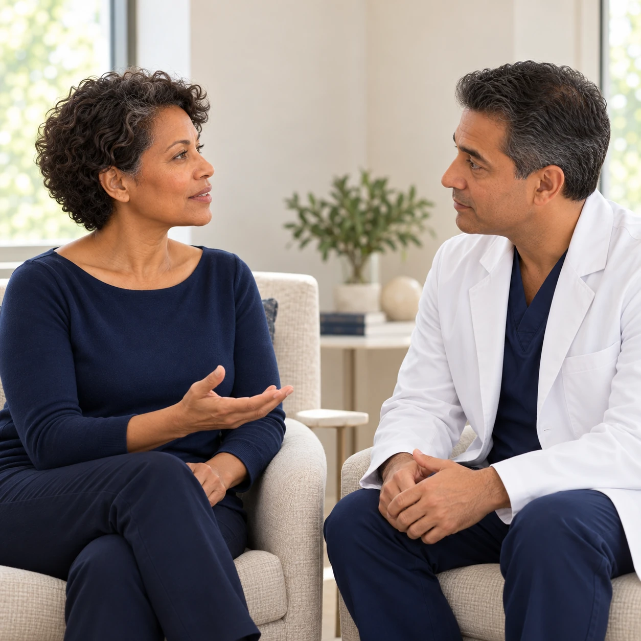 A fictional adult woman asks a question while a fictional clinician listens in two separate chairs.
