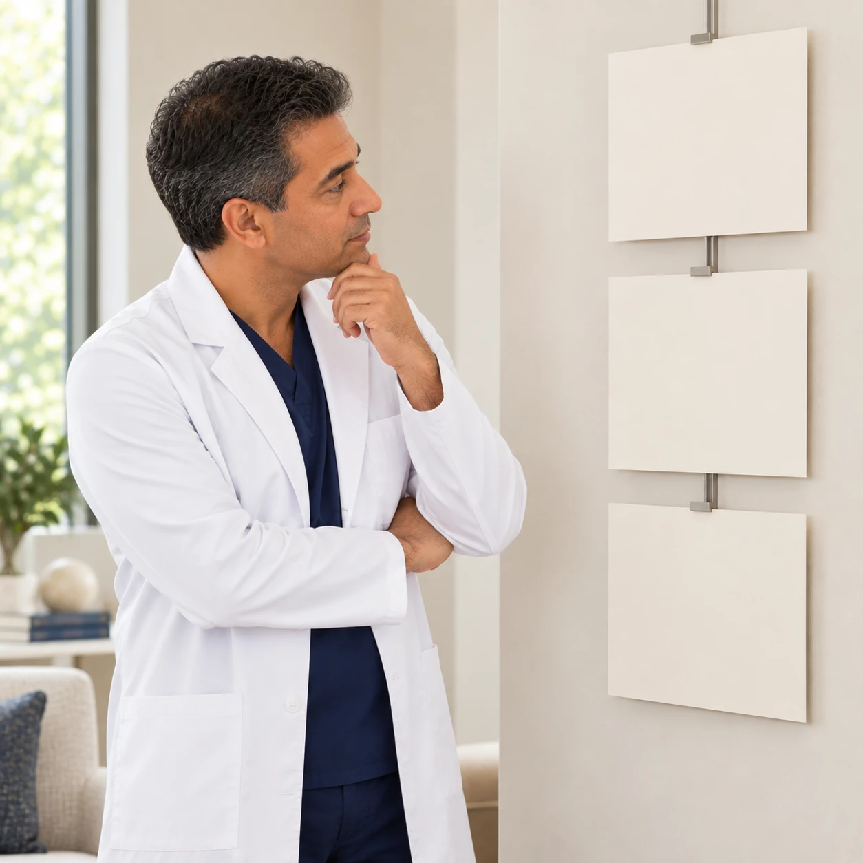 A fictional clinician reflects beside three blank wall cards in a quiet room.