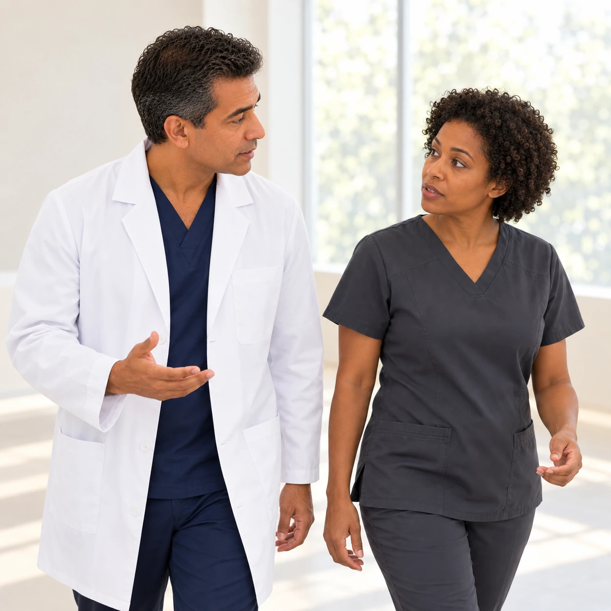 Two fictional clinicians walk side by side in a bright room, discussing an open question.