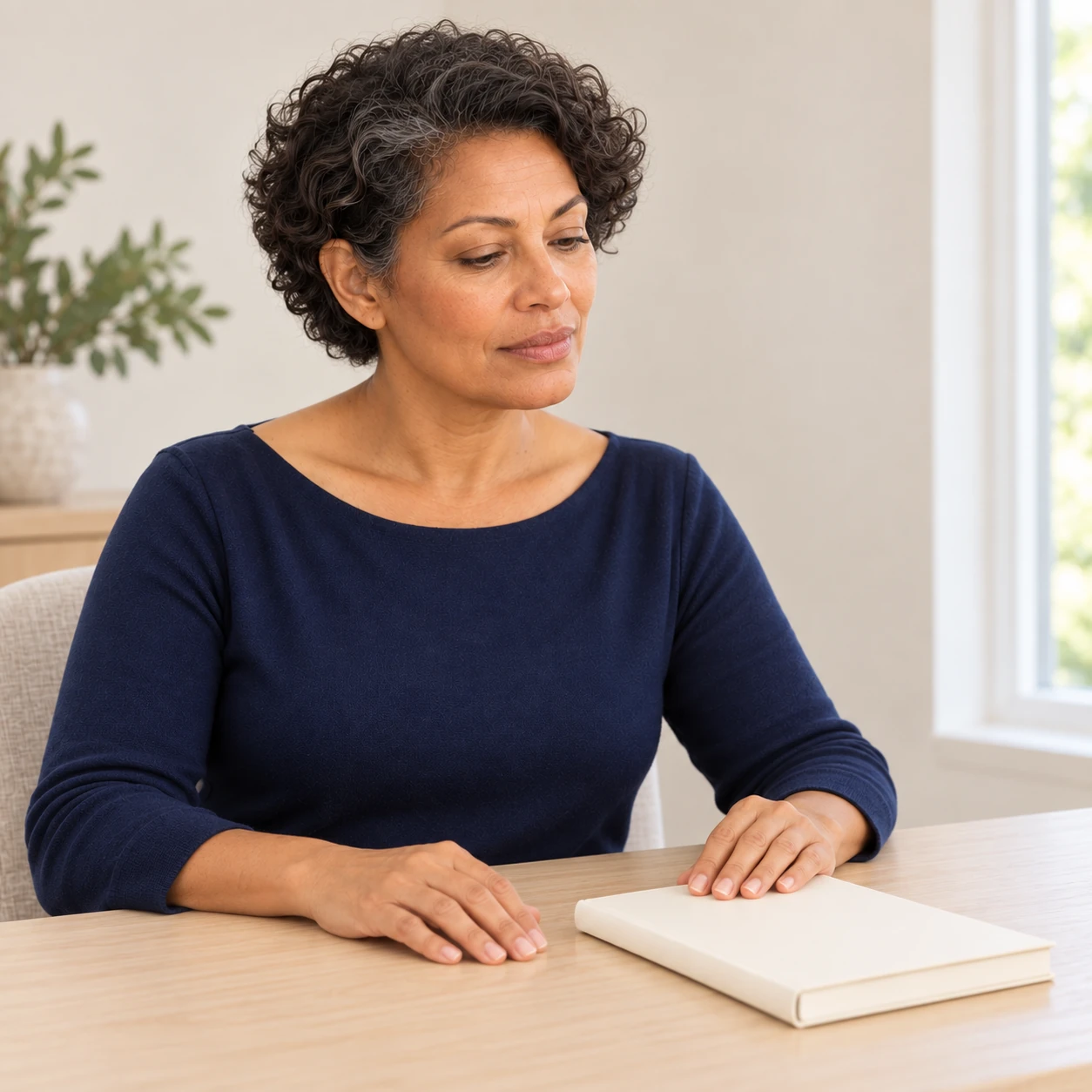 A fictional adult woman reflects beside a closed blank notebook at a small desk.