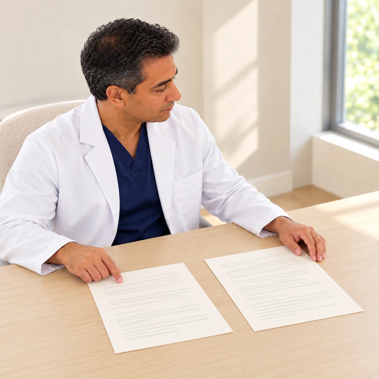 A fictional clinician compares two generic paper pages at a quiet study table.