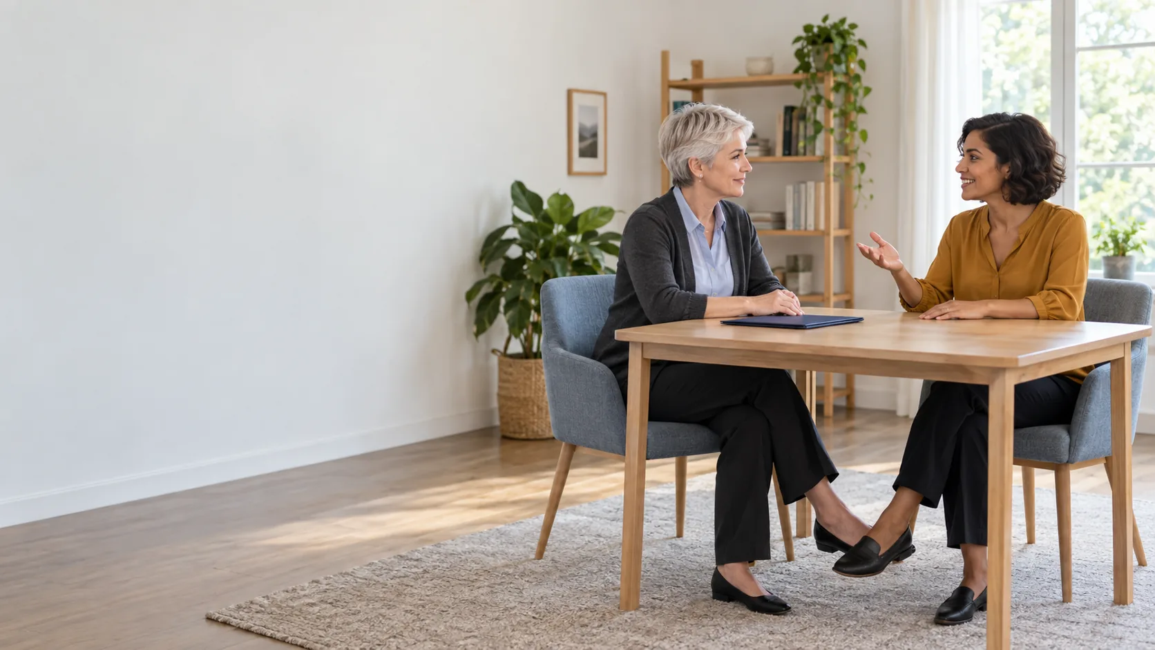 Desktop illustration: Two adults in blue upholstered chairs converse across a wooden table beside a closed navy folder-like object; a pale wall fills the left side. Mobile illustration: An adult with a low ponytail sits in a mustard chair, with hands over a closed cream notebook and a mug on a side table; a pale wall fills the upper portrait.