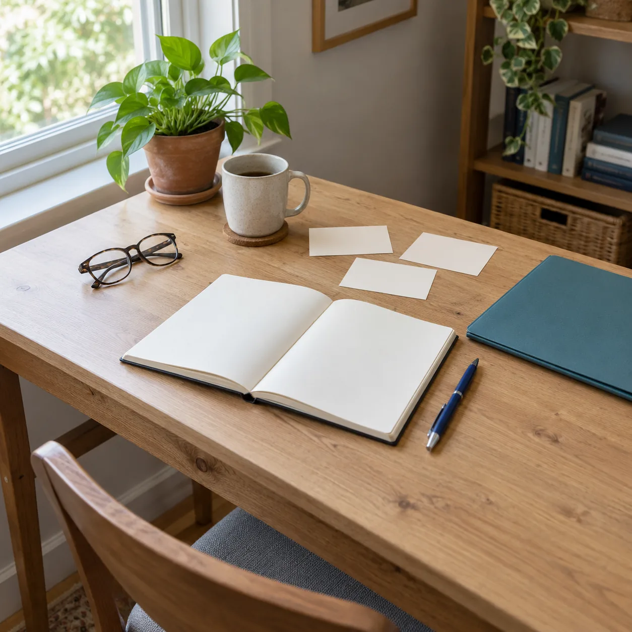 An open blank notebook, blue pen, three blank cards, glasses, mug and potted plant on a wooden desk beside a window; a closed teal object is partly visible at the right.