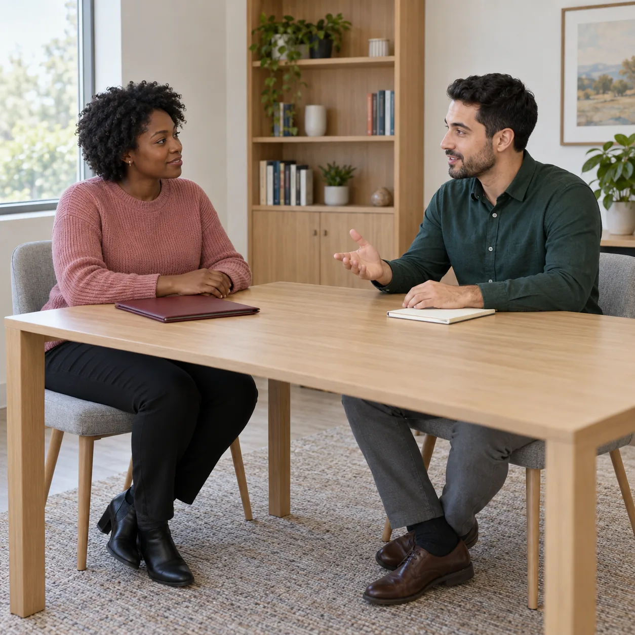 Two adults in a rose sweater and green shirt converse across a wooden desk beside a closed burgundy folder and cream notebook.