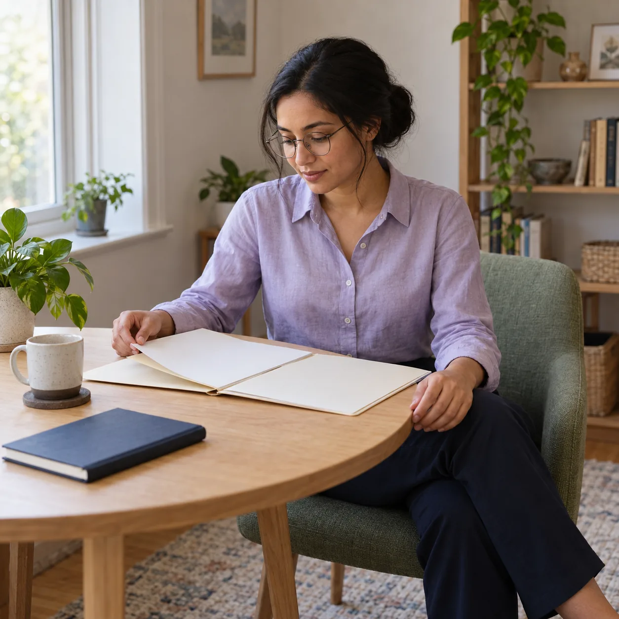 An adult in a lavender shirt and round glasses lifts a blank page at a wooden table beside a closed navy notebook and mug.