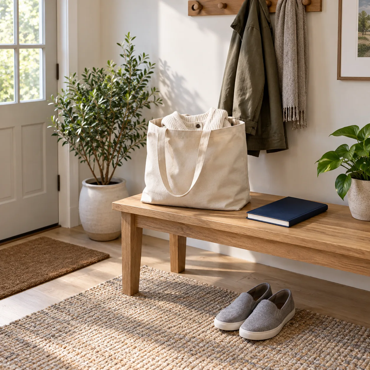 A canvas tote with a cream garment and closed navy notebook rests on a wooden bench above a pair of gray slip-on shoes in a bright entryway.