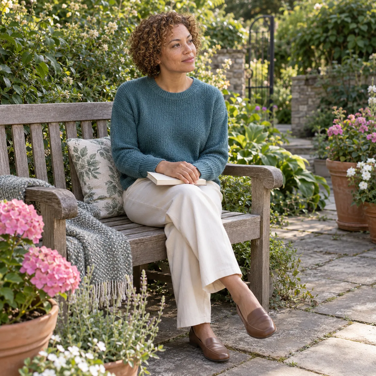 An adult with short curls and a teal sweater sits on a garden bench with hands over a closed cream notebook, surrounded by flowers and shrubs.