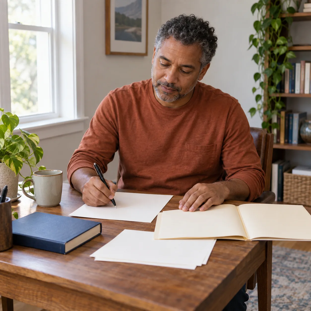 An adult in a rust-colored top holds a pen over a blank sheet at a wooden desk beside an open cream object, closed navy book and mug.