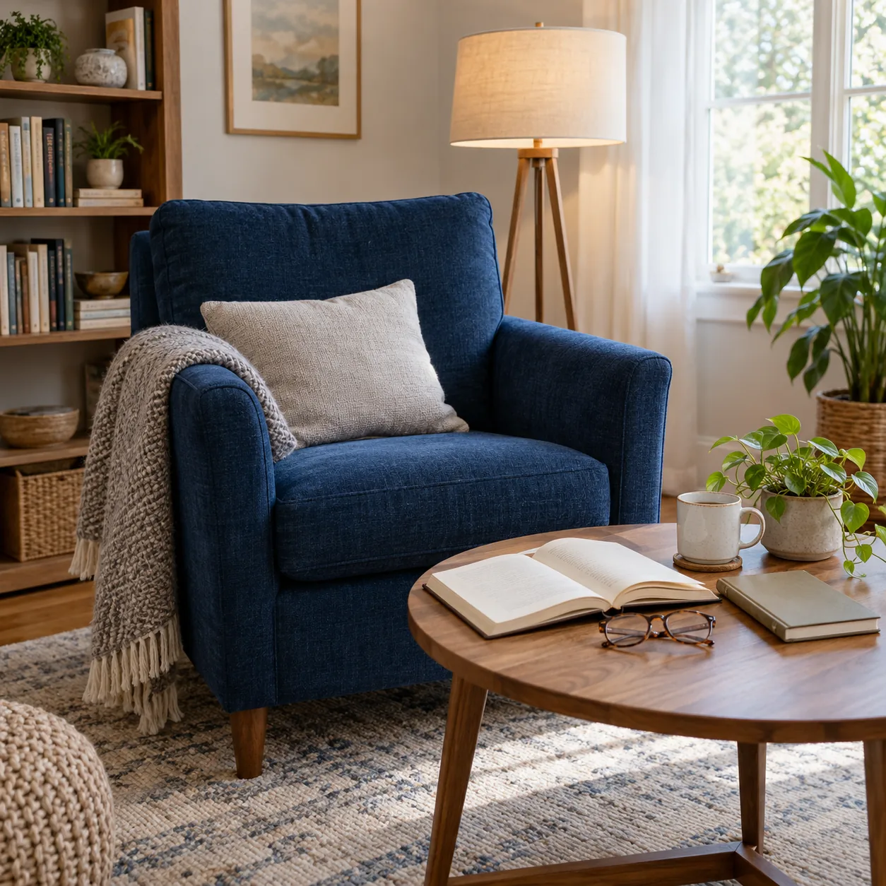 A blue armchair beside a wooden table with an open book, folded glasses, closed notebook and mug in a daylight reading corner.