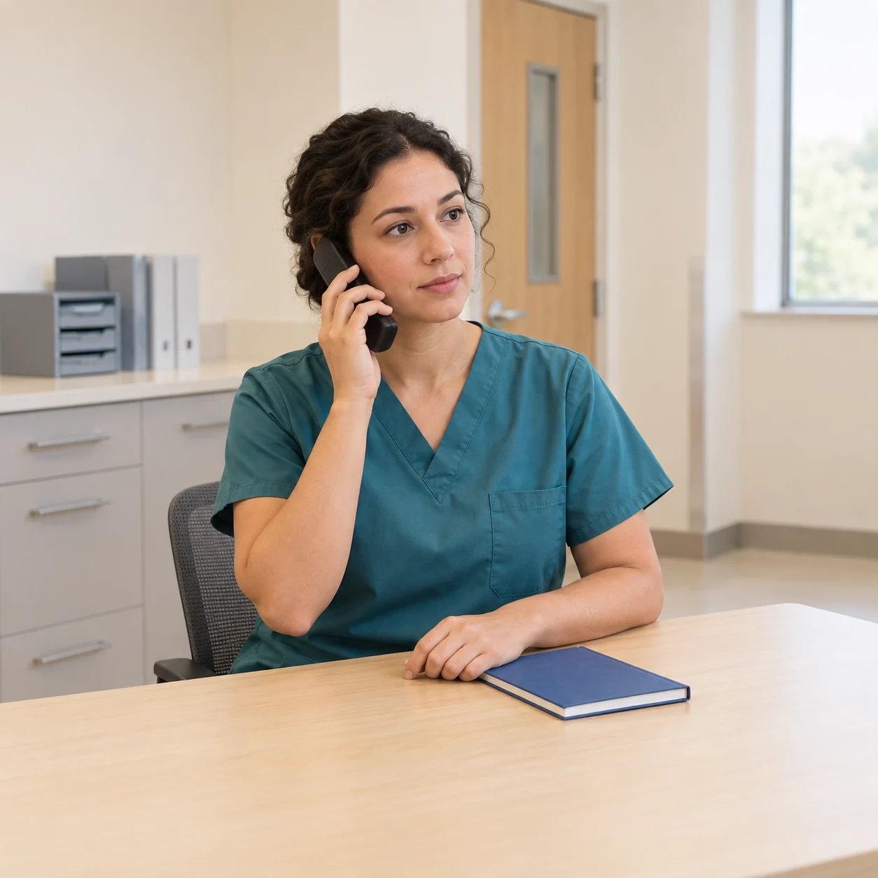 An adult in teal scrubs holds a telephone handset at a desk beside a closed blue notebook.