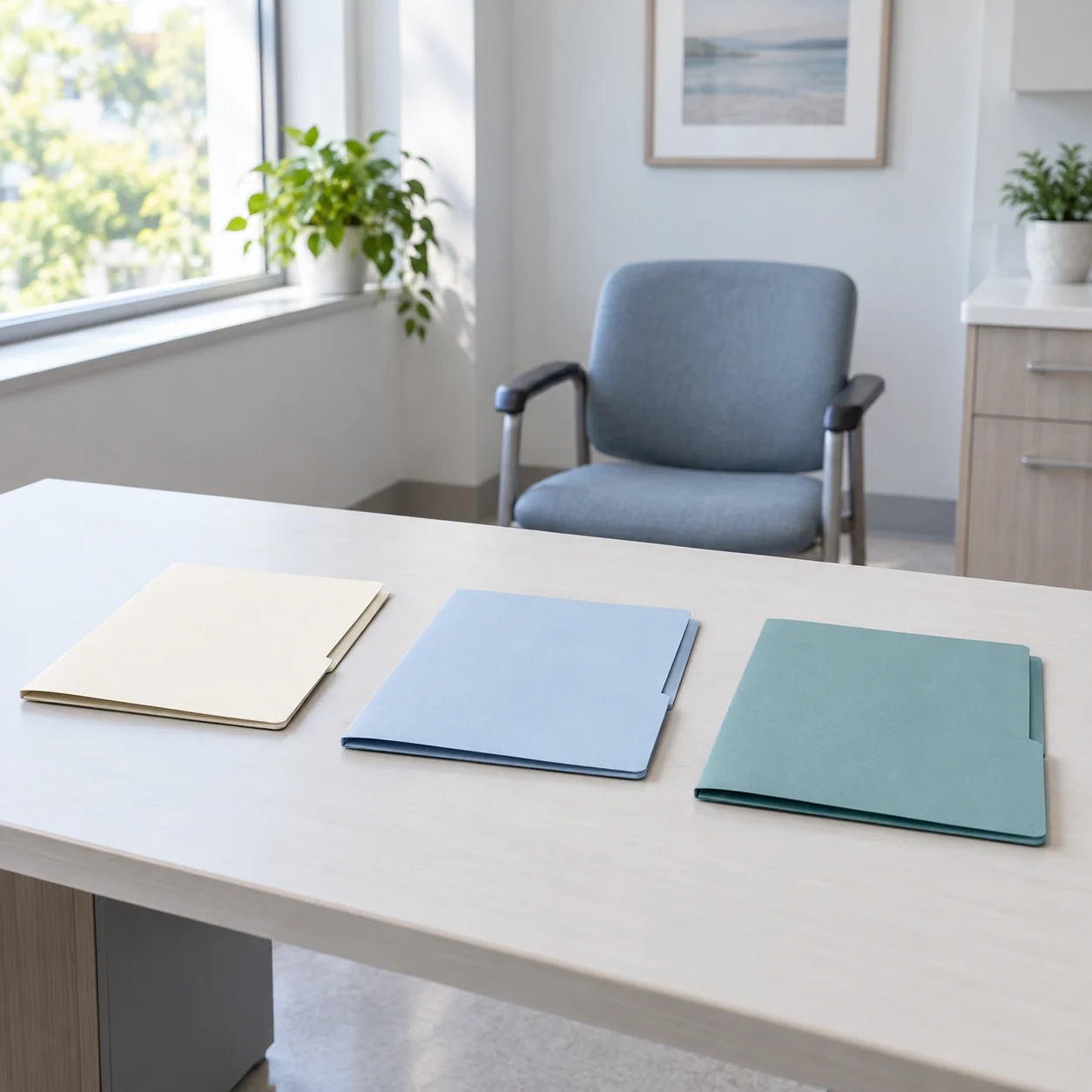 Three closed, unlabeled folders on a desk opposite an empty chair in a bright room.